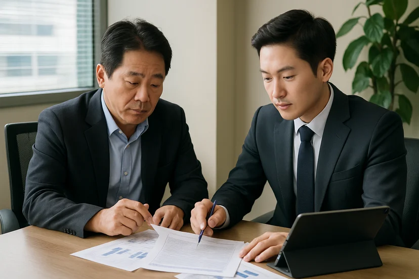 중소기업 대표가 정책자금 상담 자료를 확인하는 장면