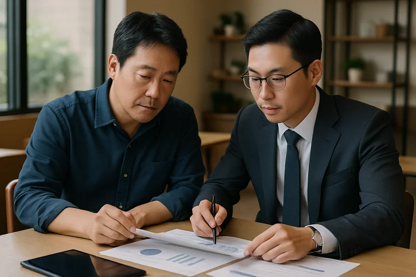 중소기업 대표가 정책자금 상담 자료를 확인하는 장면