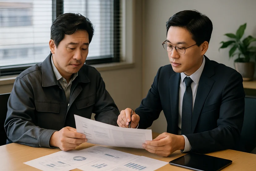 중소기업 대표가 정책자금 상담 자료를 확인하는 장면