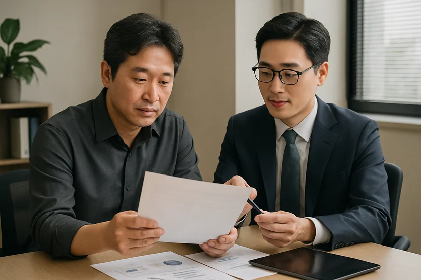 중소기업 대표가 정책자금 상담 자료를 확인하는 장면