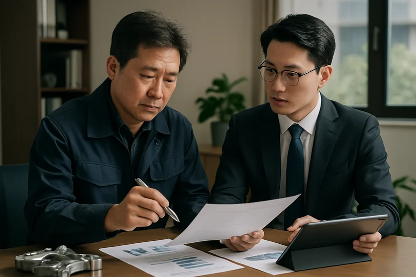 중소기업 대표가 정책자금 상담 자료를 확인하는 장면