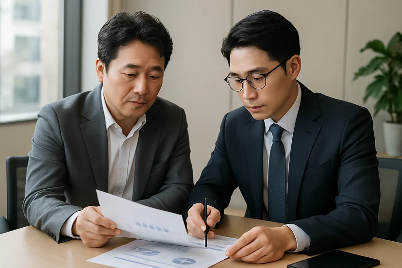 중소기업 대표가 정책자금 상담 자료를 확인하는 장면