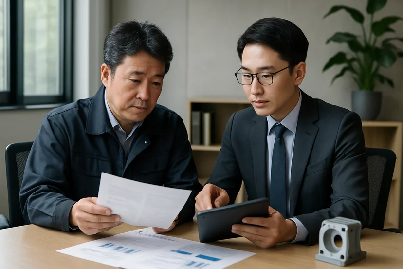 중소기업 대표가 정책자금 상담 자료를 확인하는 장면