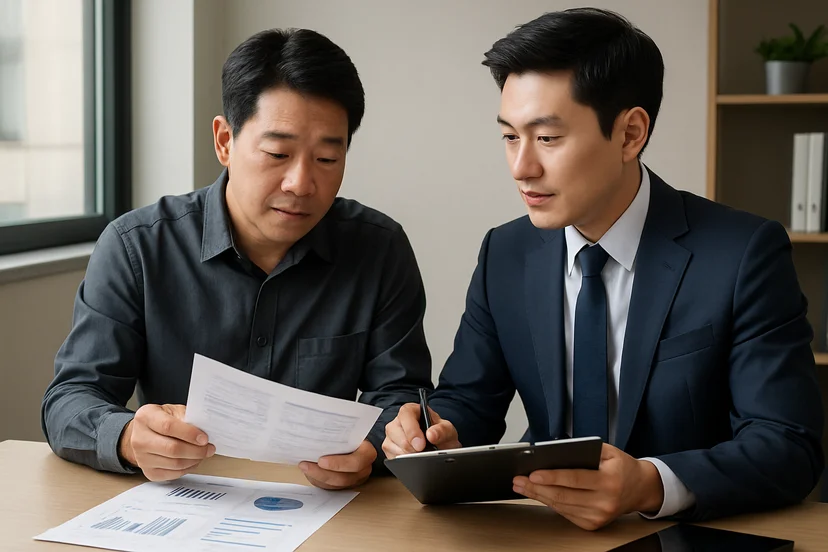 중소기업 대표가 정책자금 상담 자료를 확인하는 장면