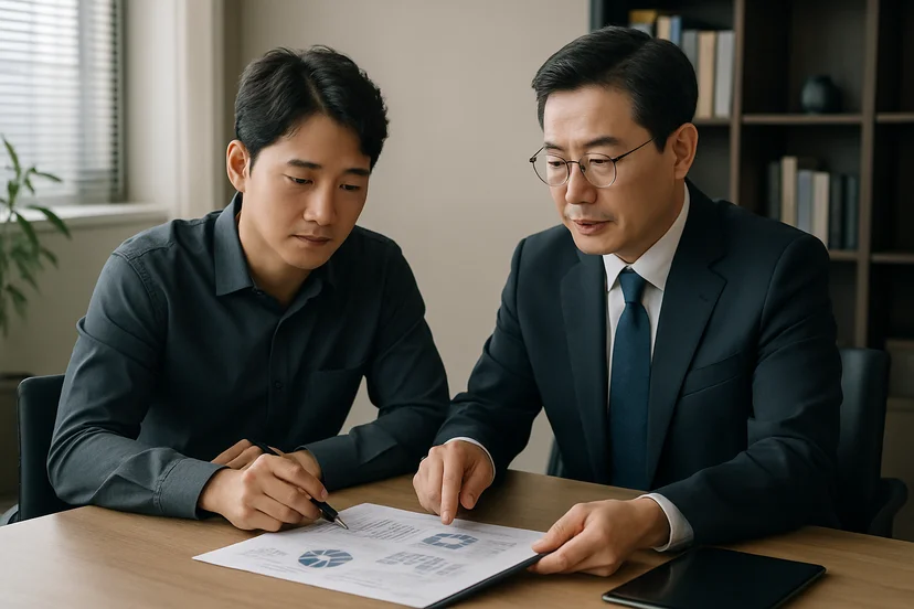 중소기업 대표가 정책자금 상담 자료를 확인하는 장면
