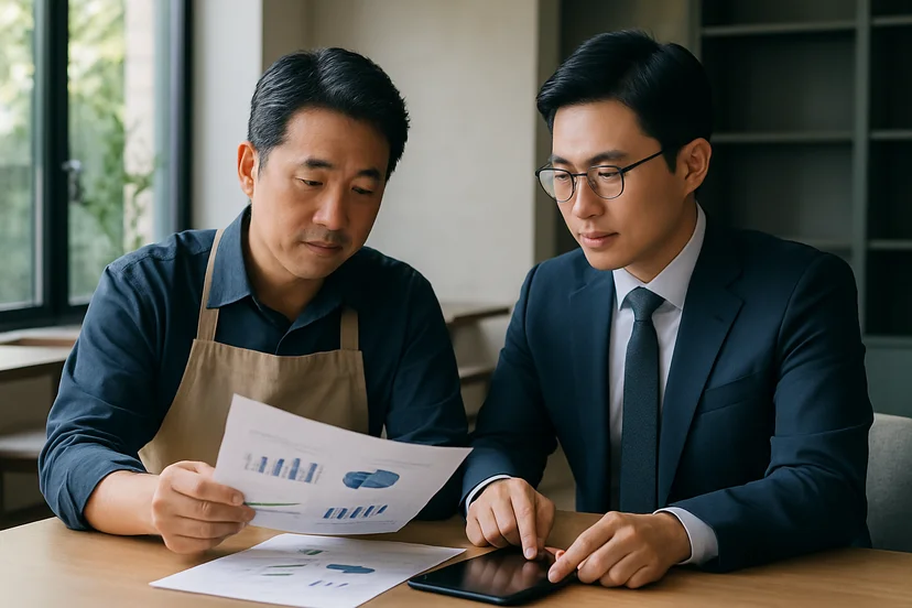 중소기업 대표가 정책자금 상담 자료를 확인하는 장면