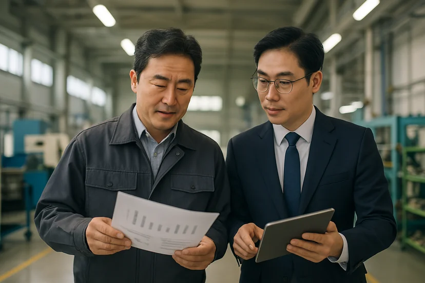 중소기업 대표가 정책자금 상담 자료를 확인하는 장면