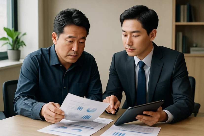 중소기업 대표가 정책자금 상담 자료를 확인하는 장면