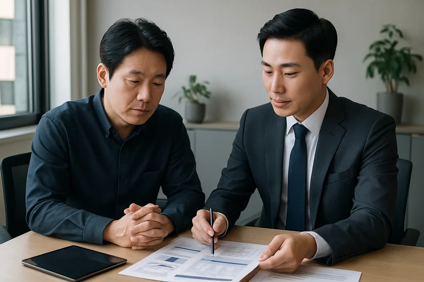 중소기업 대표가 정책자금 상담 자료를 확인하는 장면