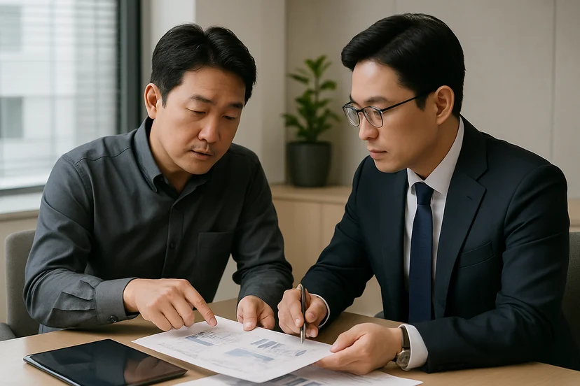 중소기업 대표가 정책자금 상담 자료를 확인하는 장면