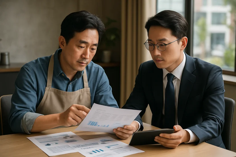 중소기업 대표가 정책자금 상담 자료를 확인하는 장면