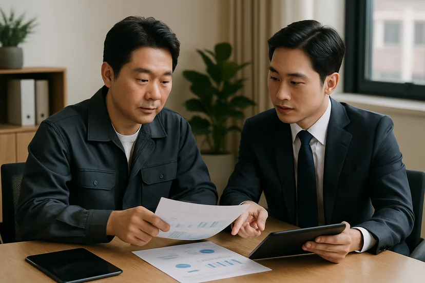 중소기업 대표가 정책자금 상담 자료를 확인하는 장면