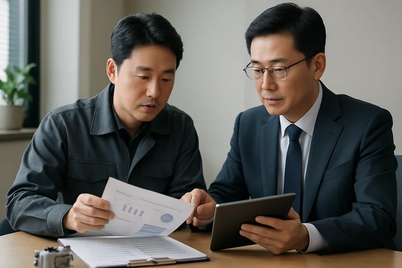 중소기업 대표가 정책자금 상담 자료를 확인하는 장면