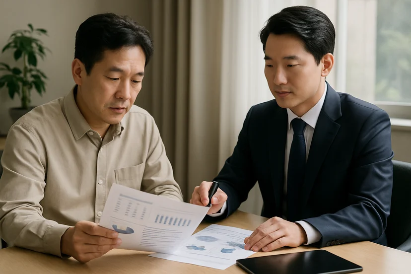 중소기업 대표가 정책자금 상담 자료를 확인하는 장면