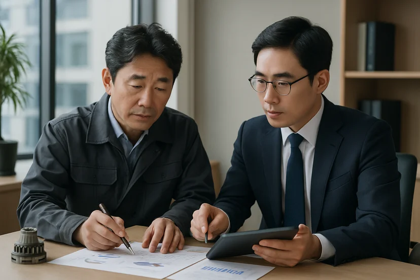 중소기업 대표가 정책자금 상담 자료를 확인하는 장면