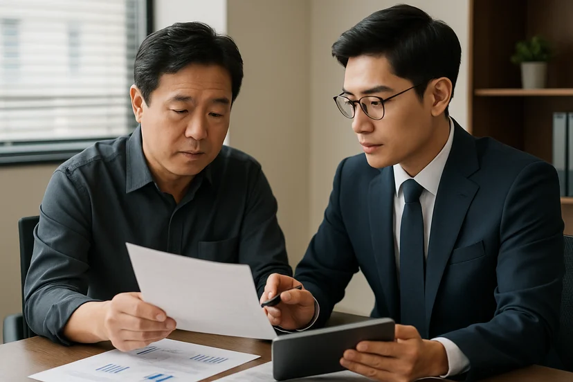 중소기업 대표가 정책자금 상담 자료를 확인하는 장면