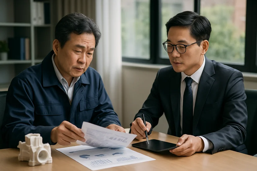 중소기업 대표가 정책자금 상담 자료를 확인하는 장면