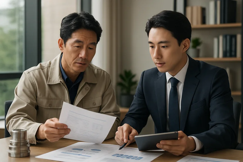 중소기업 대표가 정책자금 상담 자료를 확인하는 장면