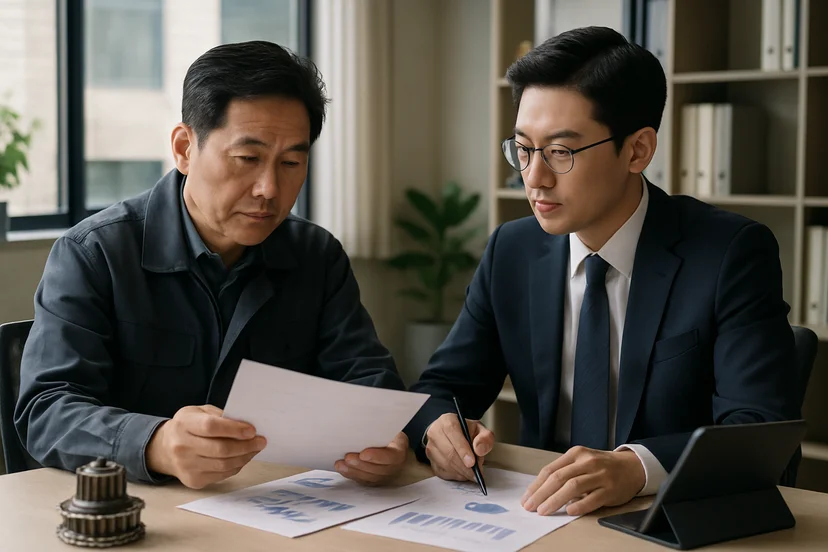 중소기업 대표가 정책자금 상담 자료를 확인하는 장면