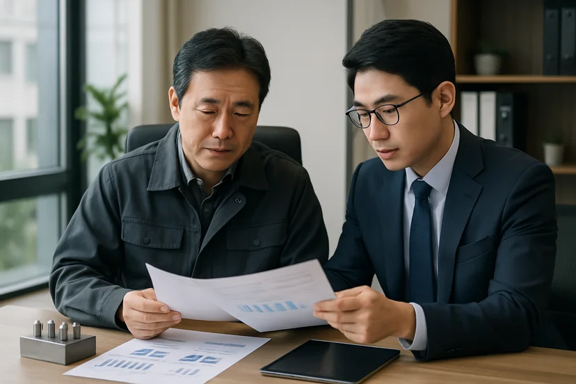 중소기업 대표가 정책자금 상담 자료를 확인하는 장면