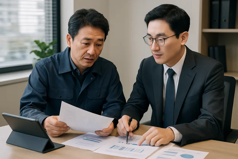 중소기업 대표가 정책자금 상담 자료를 확인하는 장면