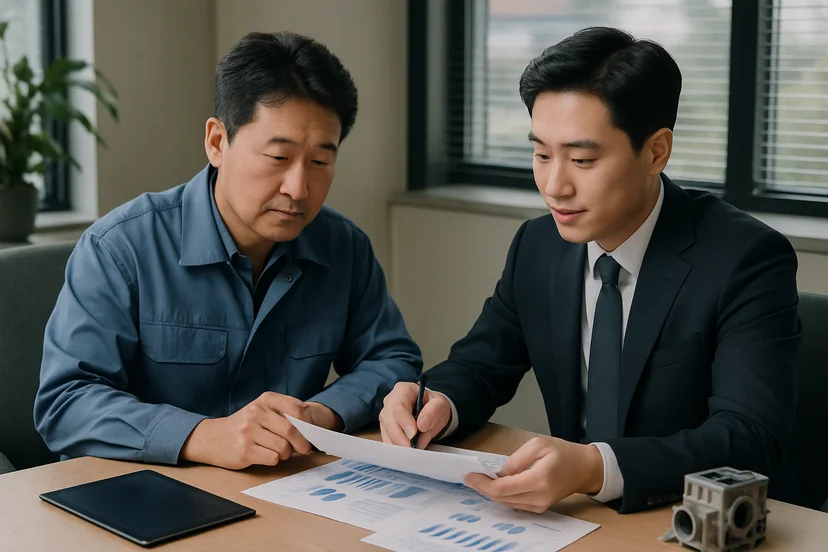 중소기업 대표가 정책자금 상담 자료를 확인하는 장면
