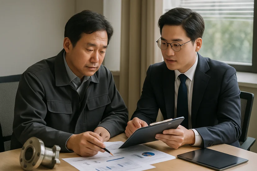 중소기업 대표가 정책자금 상담 자료를 확인하는 장면