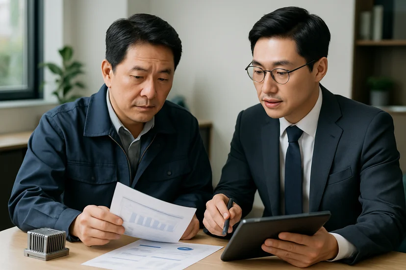 중소기업 대표가 정책자금 상담 자료를 확인하는 장면