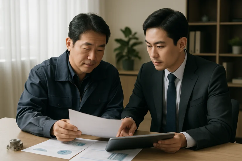 중소기업 대표가 정책자금 상담 자료를 확인하는 장면