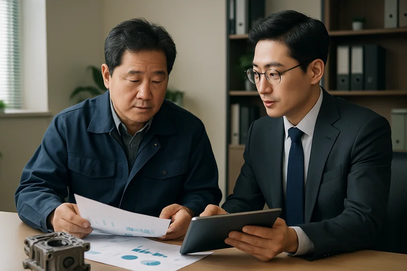 중소기업 대표가 정책자금 상담 자료를 확인하는 장면
