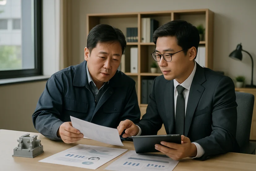 중소기업 대표가 정책자금 상담 자료를 확인하는 장면