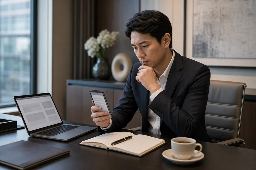 회신을 기다리며 휴대폰과 노트북을 확인하는 호텔 세일즈 담당자