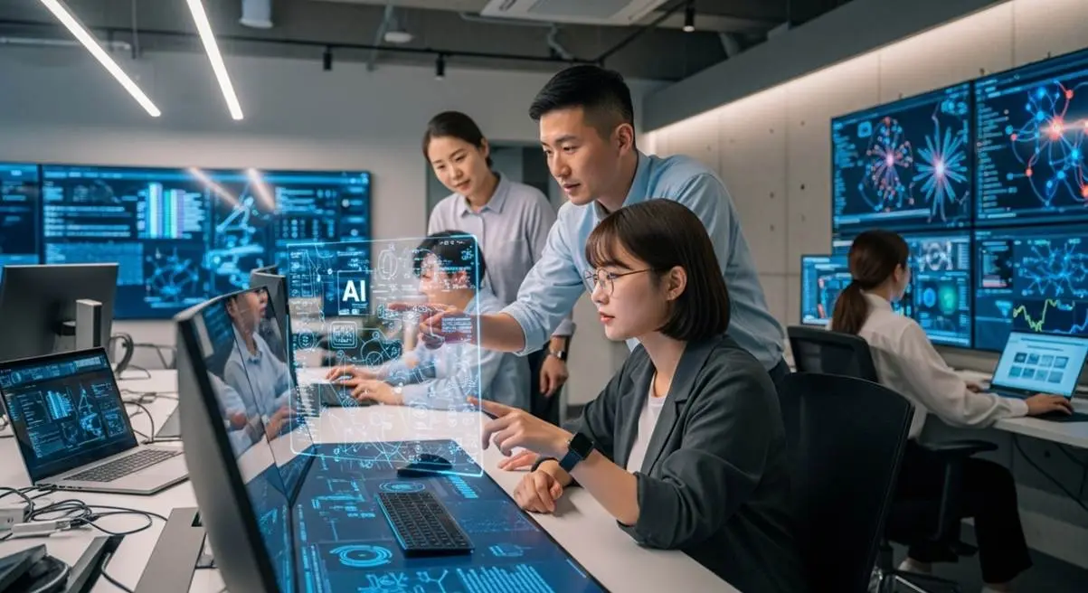 기술 중심의 작업 공간에서 첨단 AI 소프트웨어 시스템에 대해 협력하는 IT 전문가들