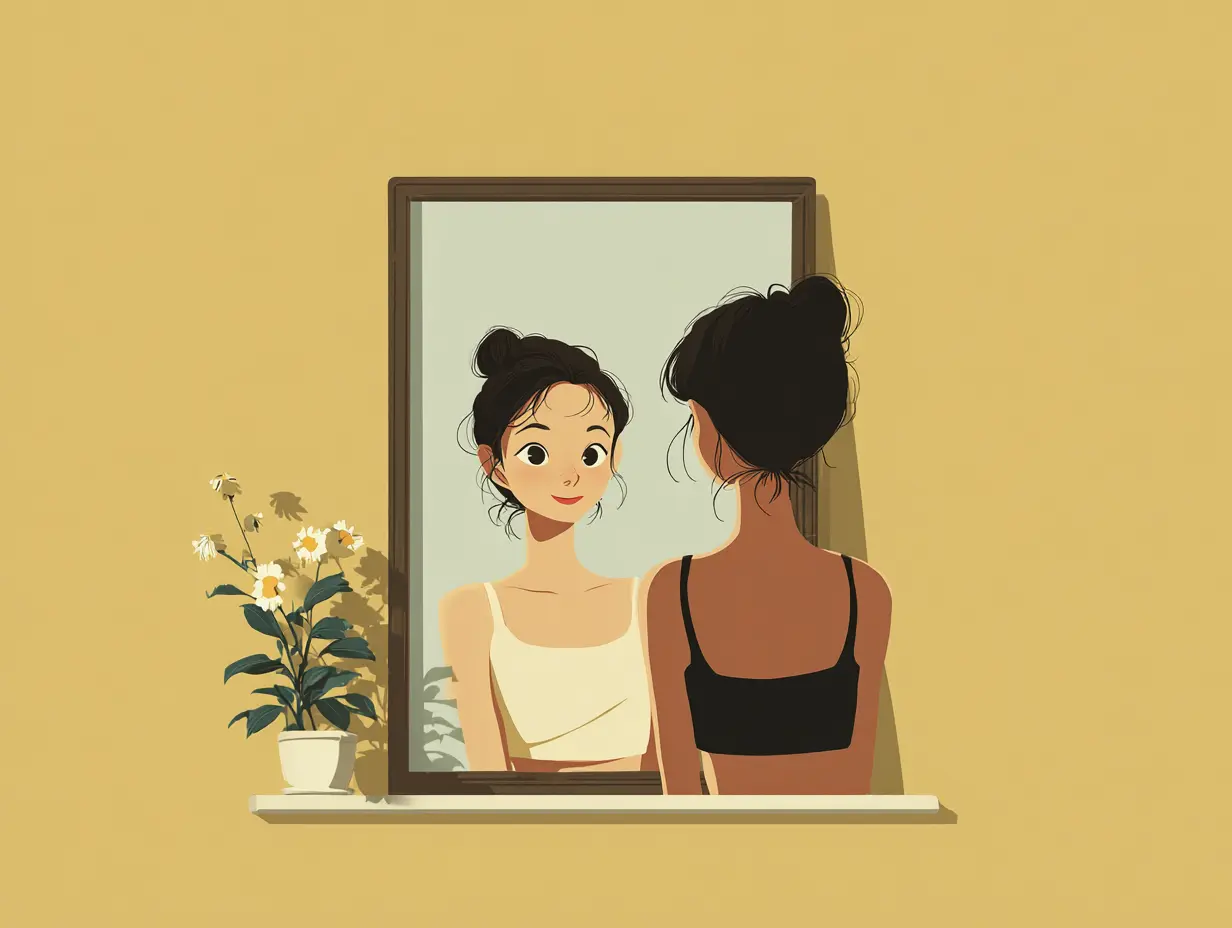 거울 앞에서 긍정 확언을 말하며 하루를 준비하는 차분한 아침 루틴 장면.