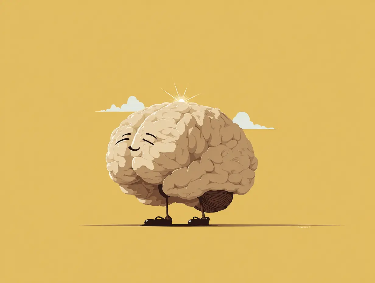 아침 긍정 확언이 뇌에 긍정적인 자극을 주는 모습을 상징하는 차분한 일러스트.