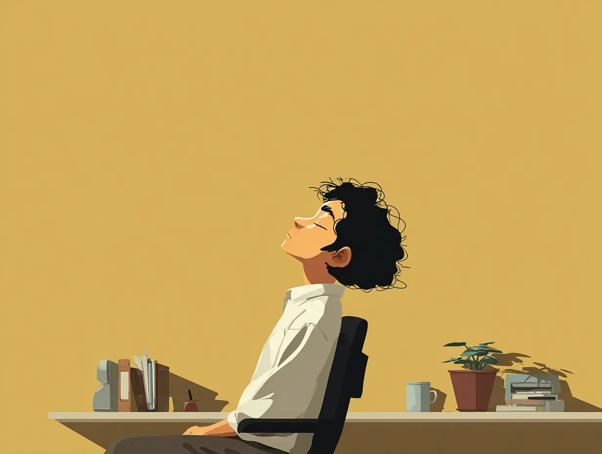 자리에 앉아 눈을 감고 몸의 감각을 관찰하는 3분 미니 명상 장면.