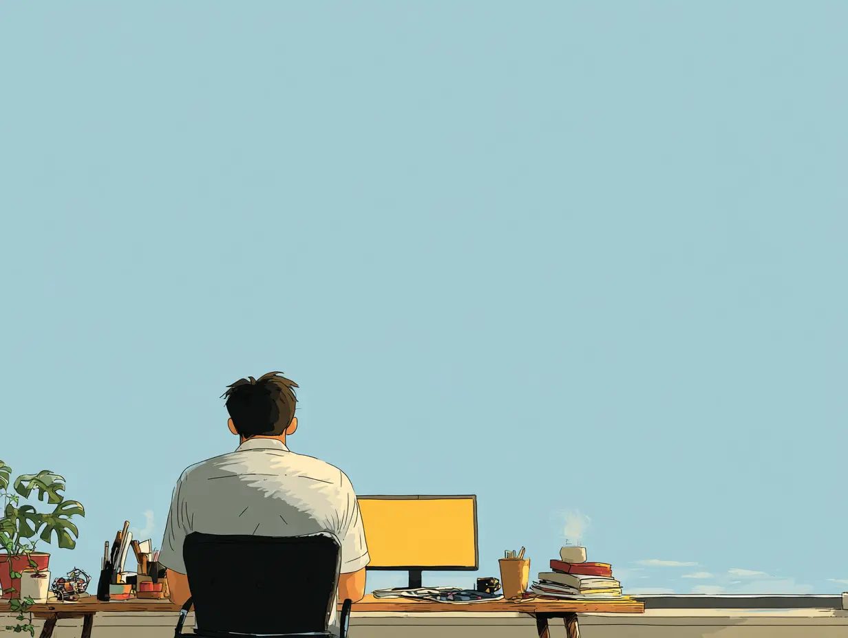 회의 전 집중력을 끌어올리는 미니 명상을 상징하는 파스텔톤 사무실 아침 장면.