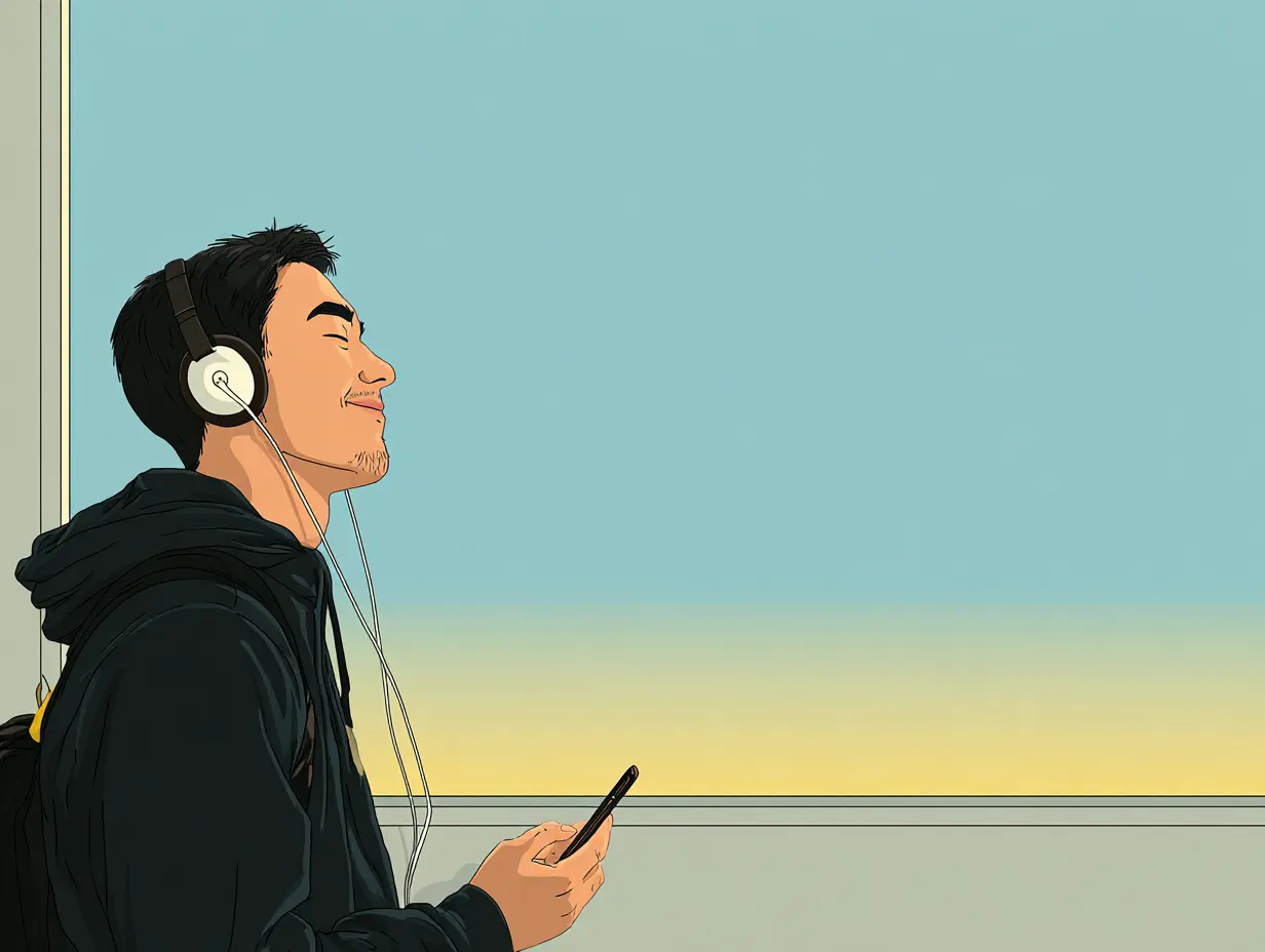 지하철에서 헤드폰을 쓰고 가벼운 영상을 보며 미소 짓는 직장인, 퇴근길 스트레스 해소를 위한 딴생각 루틴.