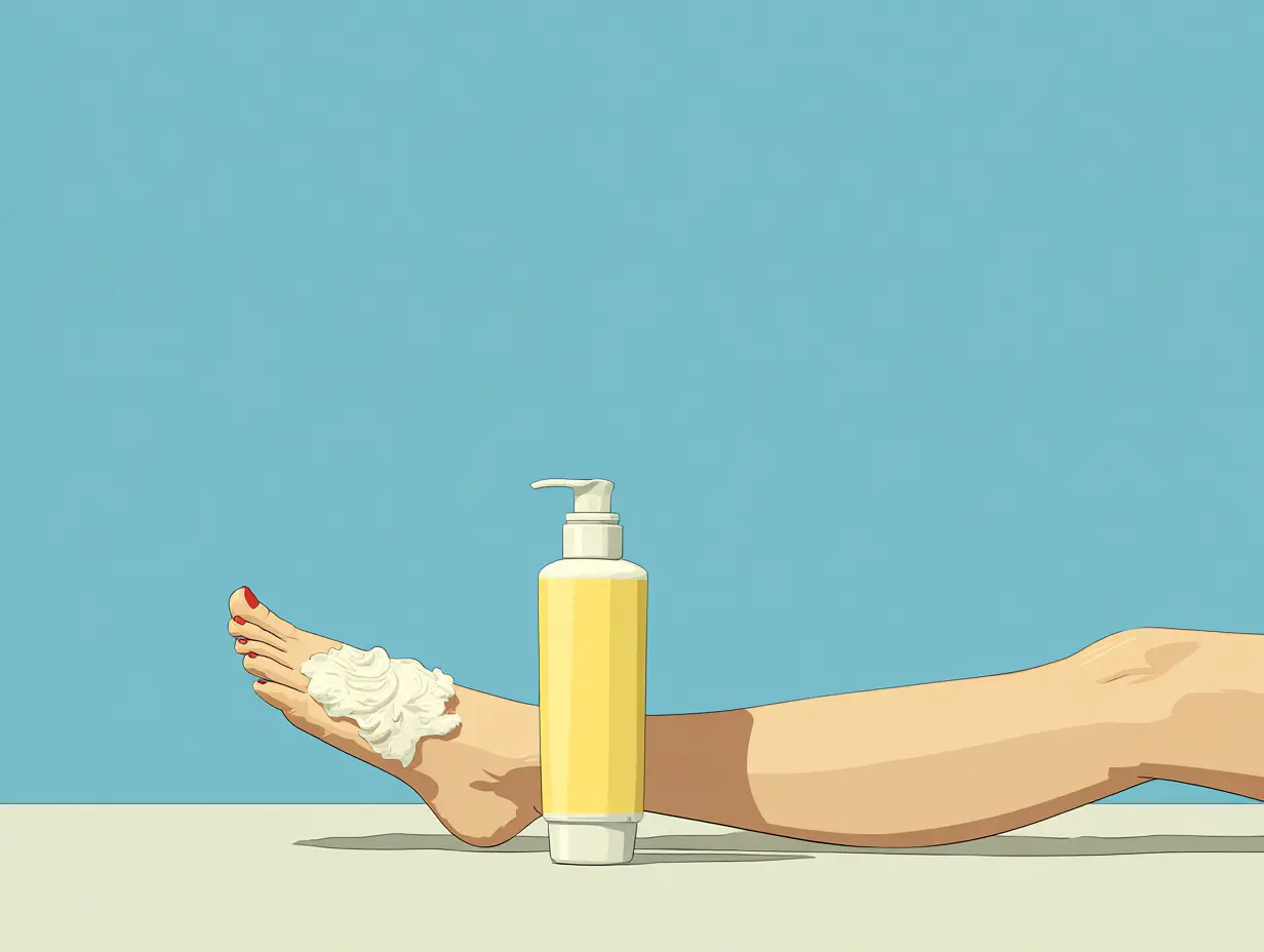 샤워 후 팔과 다리에 보습제를 바르는 장면, 촉촉한 피부 관리를 상징하는 모습.