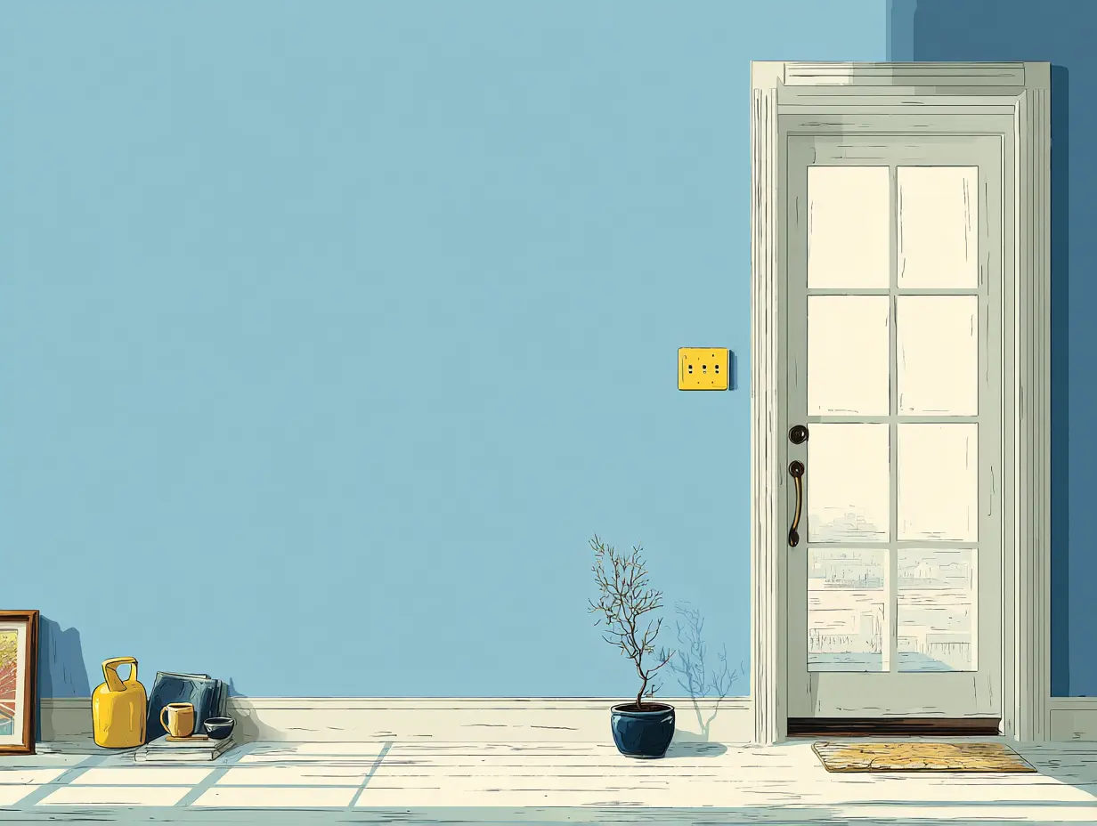 정돈된 공간이 주는 심리적 안정과 여유를 상징하는 미니멀한 집안 장면.