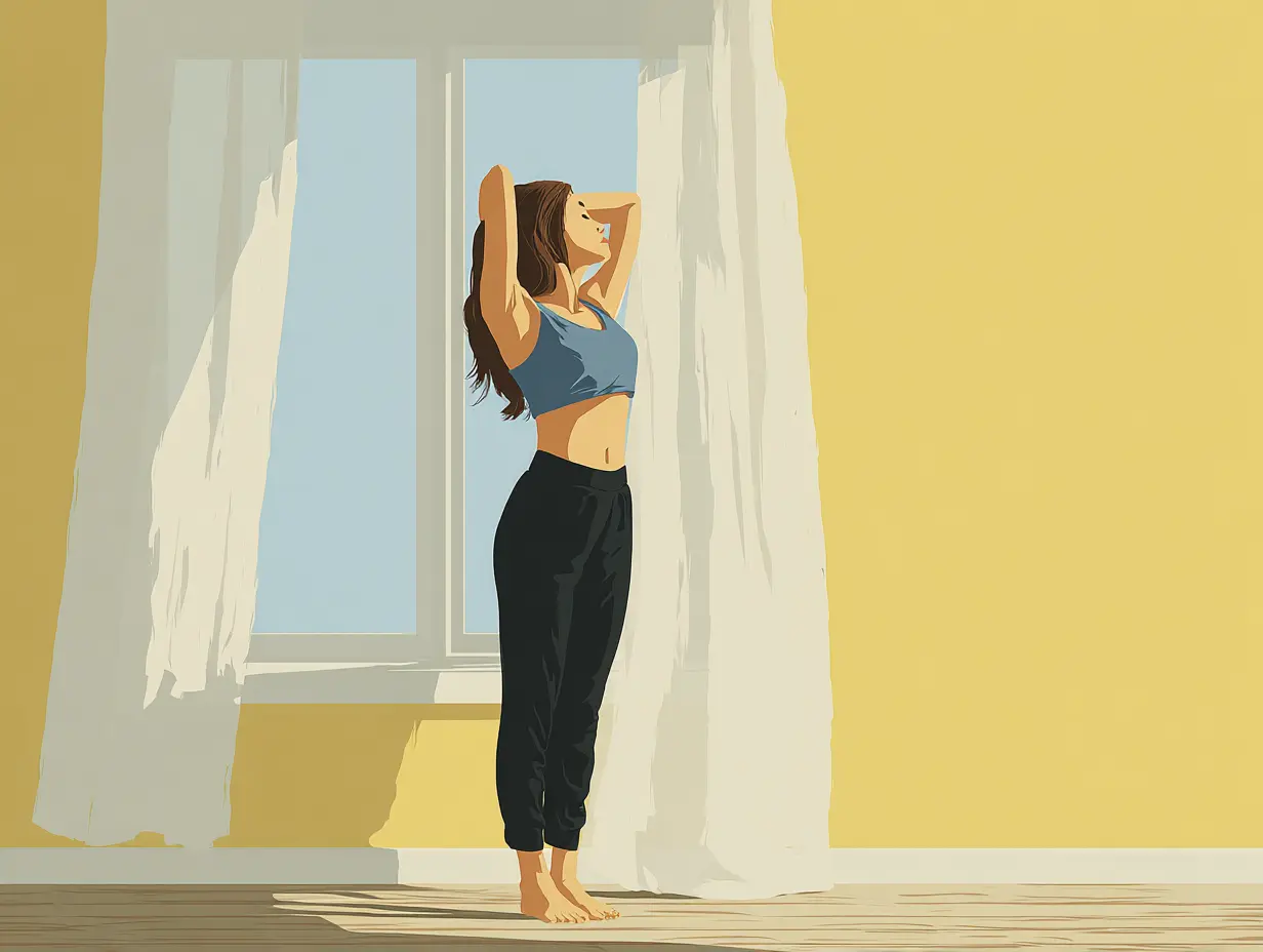 창문을 열고 신선한 공기를 마시는 중년 여성