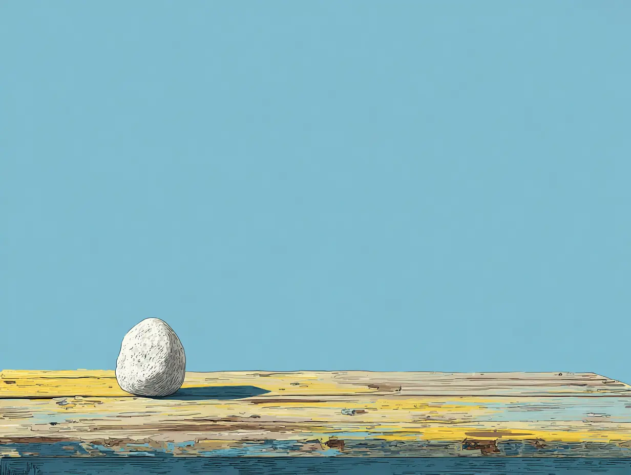 햇살 아래 나무 테이블 위에 놓인 흰색 조약돌