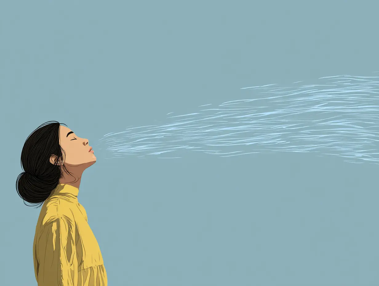 차분한 호흡을 상징하는 추상적 파란 선의 흐름