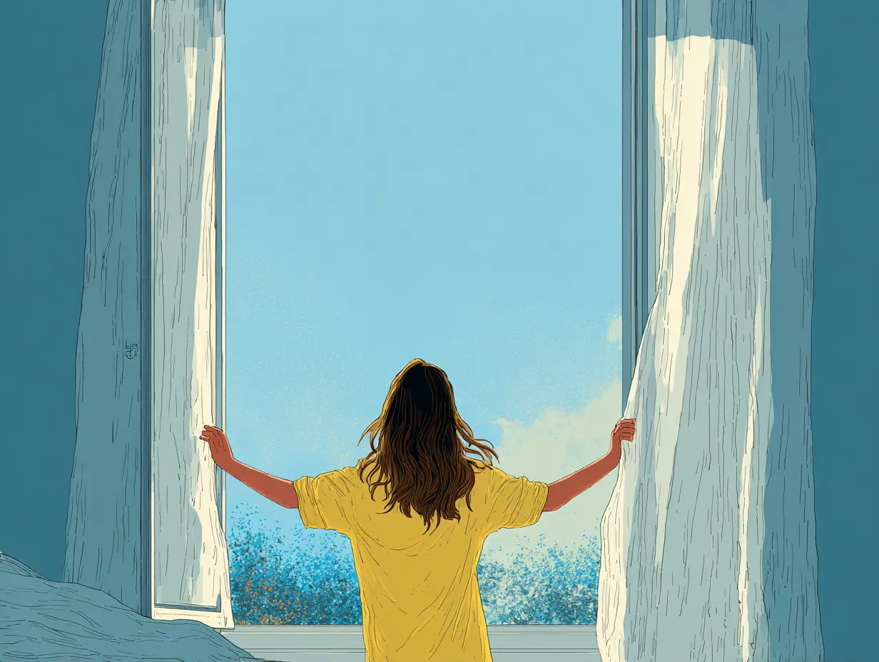 창문을 열고 아침 공기를 마시는 젊은 여성의 모습