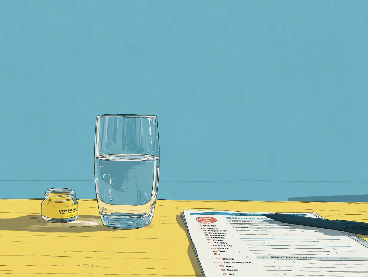 책상 위 물 섭취 체크표와 물컵이 놓여 있는 모습