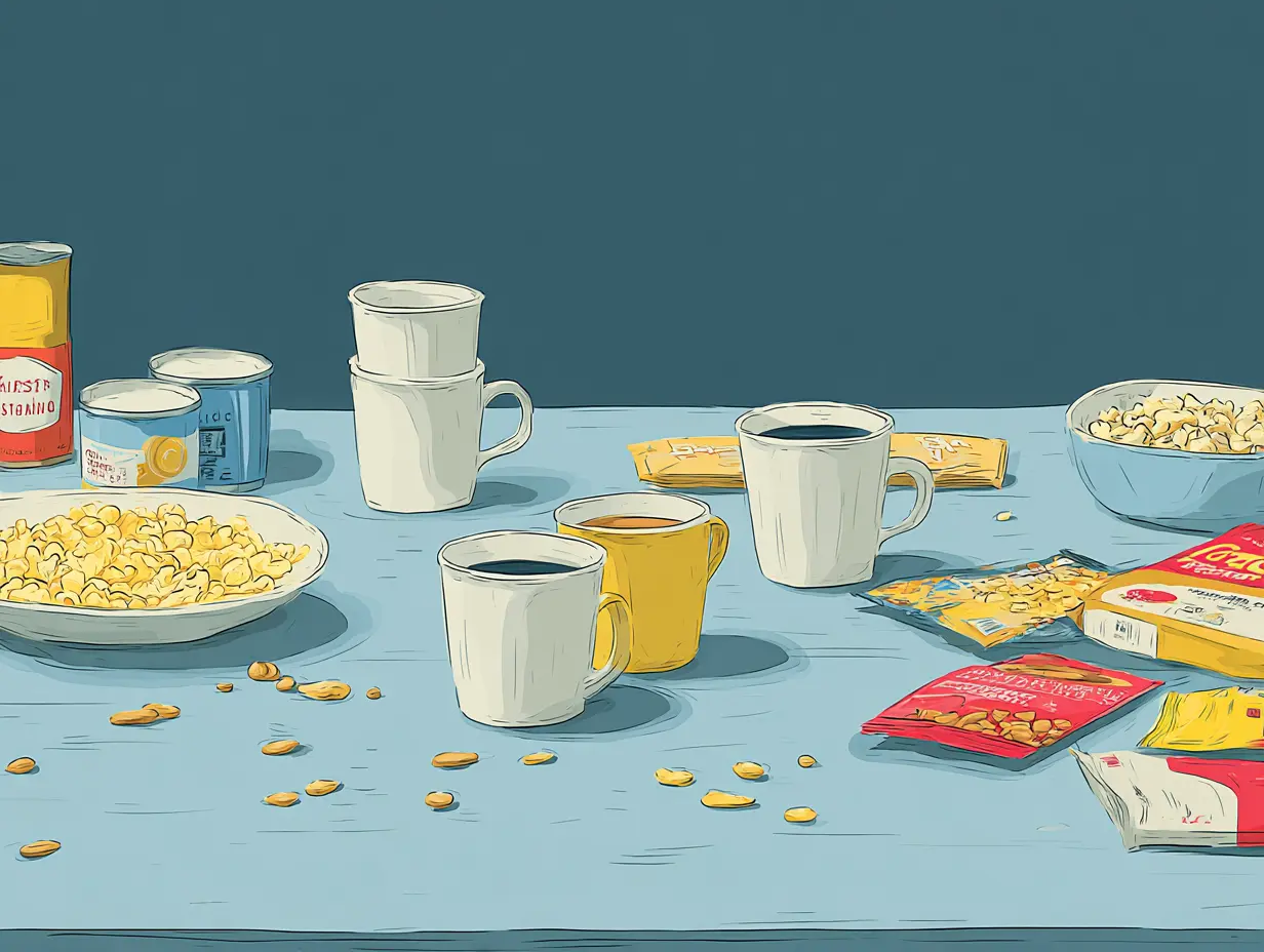 테이블 위 커피, 짠 과자, 가공식품