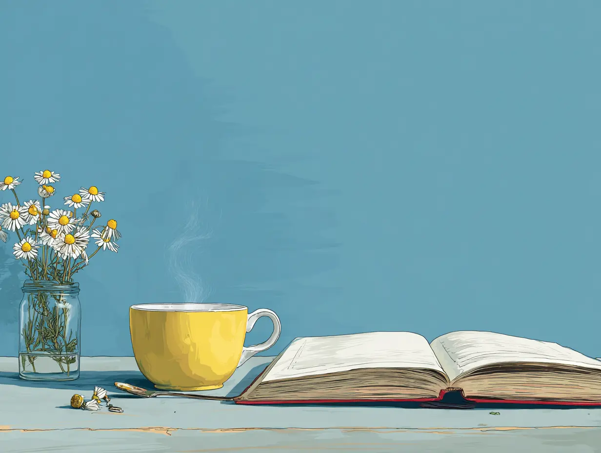 책 옆에 놓인 허브티 컵에서 김이 나는 장면
