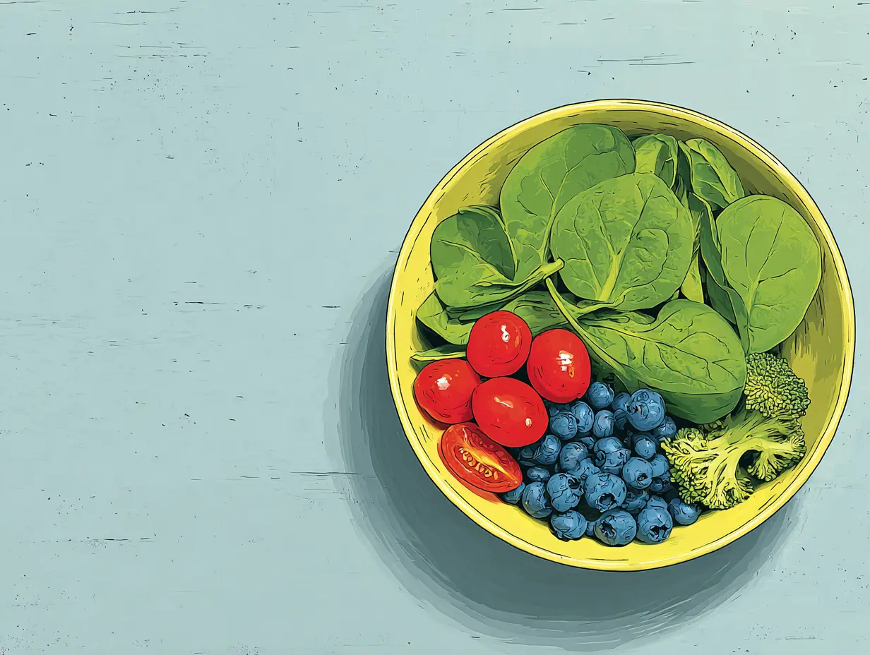 샐러드 볼에 시금치, 브로콜리, 블루베리, 토마토가 담긴 모습