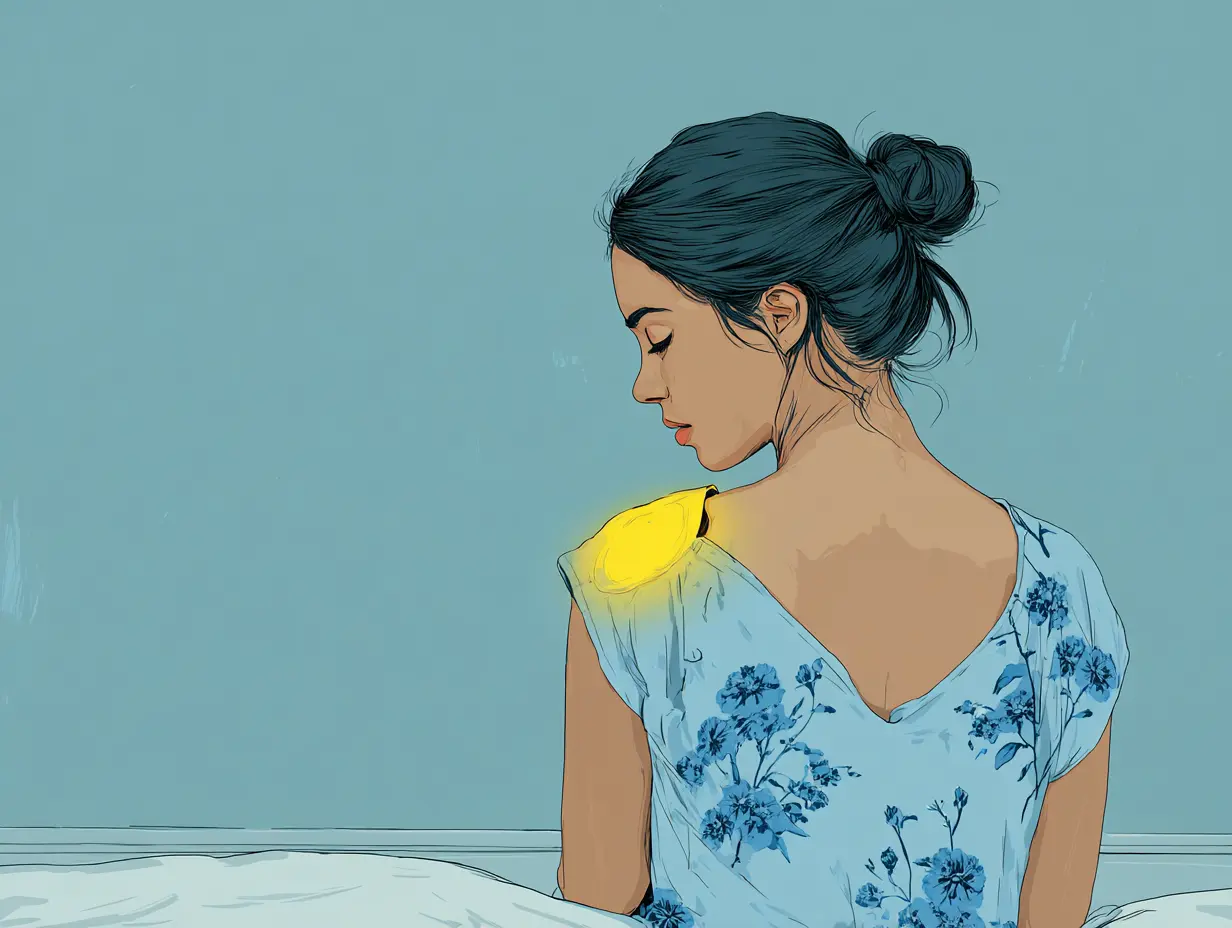 여성 어깨에 올려진 따뜻한 찜질팩