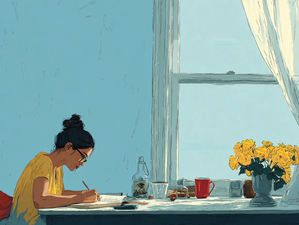 창가에서 노트에 글을 쓰는 여성